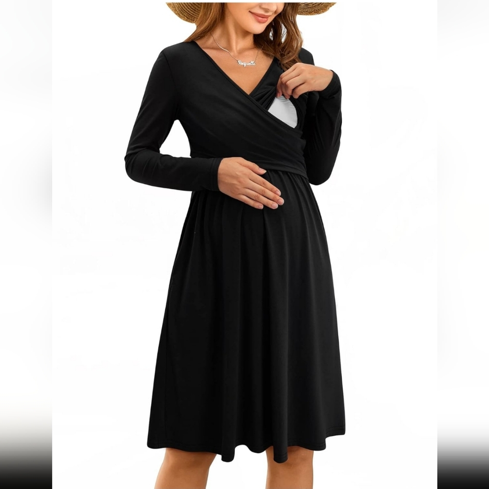 Elegant Black Maternity/Nursing Breastfeeding Dress